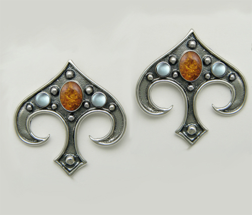 Sterling Silver Gothic Inspired Drop Dangle Earrings With Amber And Blue Topaz